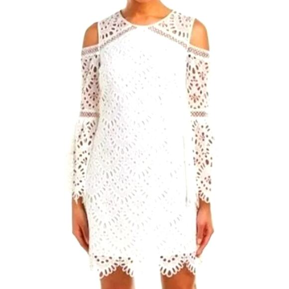 LAUNDRY by Shelli Segal Size 0 NWT White Eyelet Cold Shoulder Bell Sleeves Dress - Picture 1 of 12